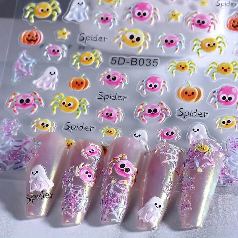 5D Embossed Halloween Nail Stickers 5D Self-Adhesive Bat Skull Pumpkin Nail Supplies Cute Little Ghost Nail Decals Kawaii Spider Spider Web Nails Designs for Women Holiday DIY Manicure 3 Sheet