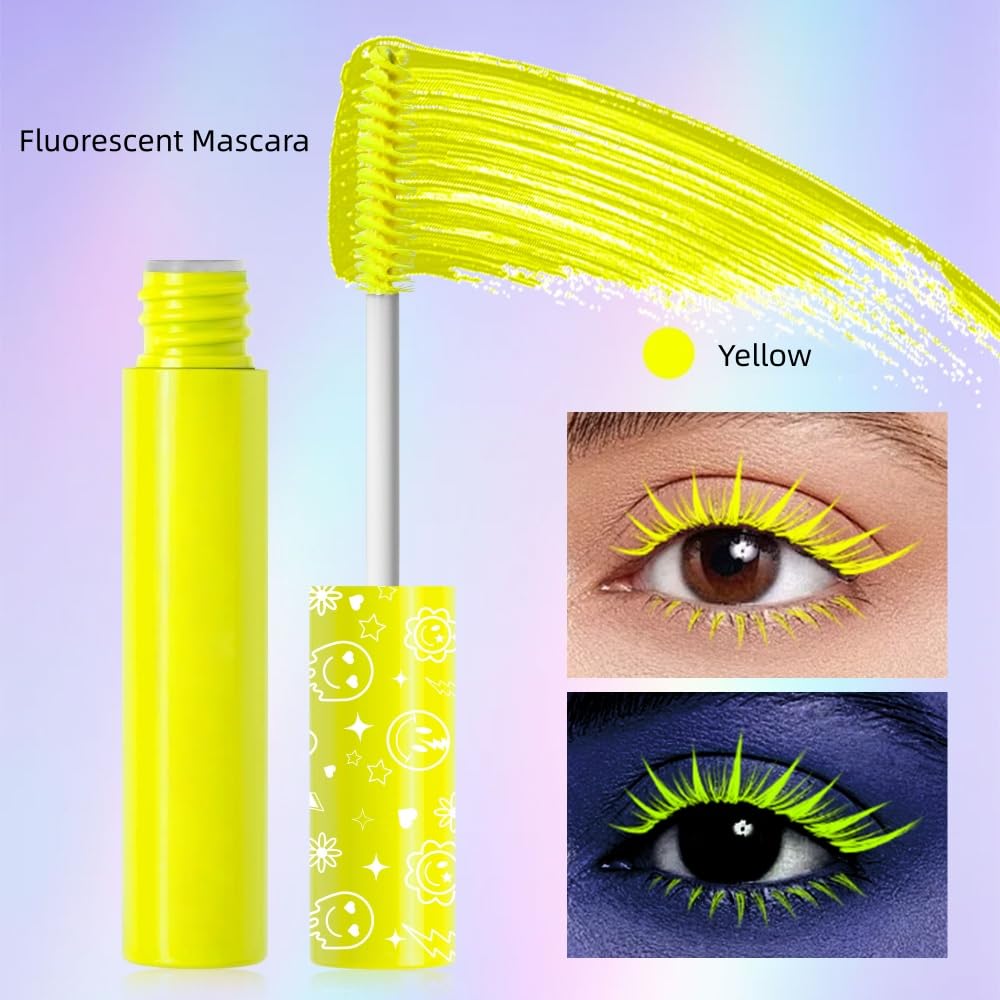 6 Colors Fluorescent Mascara, Glow Colored Mascara, Parties, Weddings, Stage Use, Party Night, Halloween Christmas Parties, High Pigmented, Apply to Eyelashes/Eyebrows/Hair (Yellow)