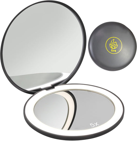 LanJo Lighted Compact Mirror with 1X/5X Magnification, Stepless Dimming & 3 Adjustable Light Settings, Rechargeable Makeup Mirror for Purse, Travel & Gifts – Fire Sign Zodiac Design – Charcoal Grey
