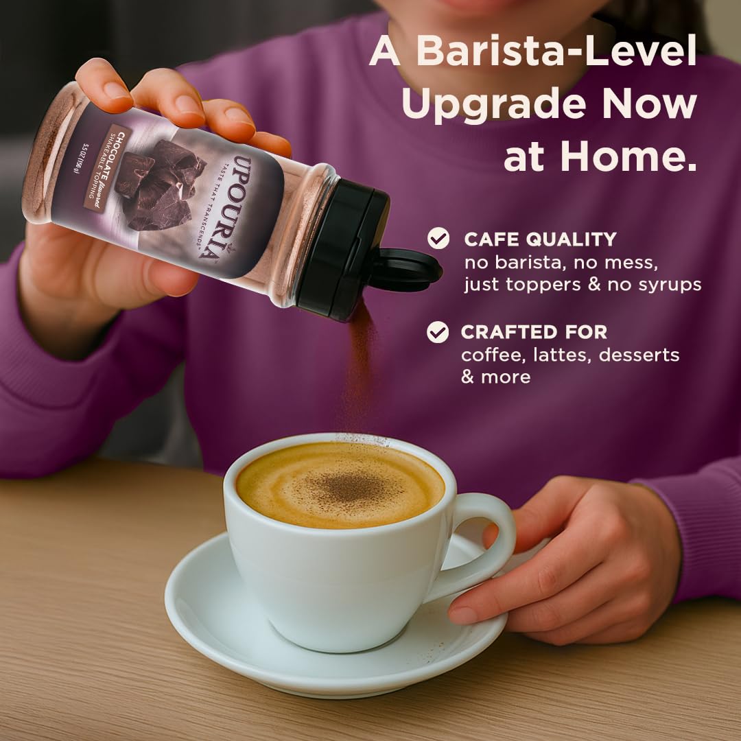 Upouria Chocolate Flavored Shakable Topping for Coffee, Lattes, Desserts, Gourmet Cocoa Taste, 5.5oz
