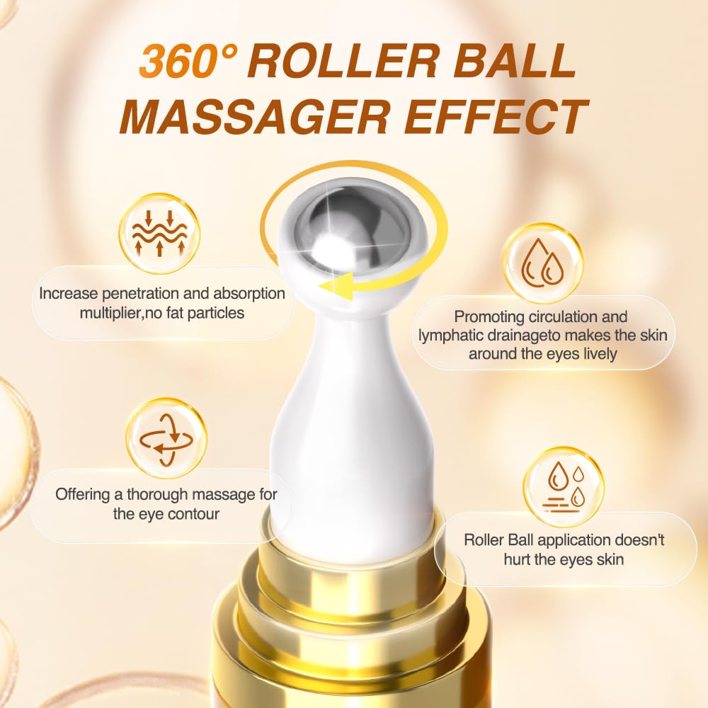5% Caffeine Eye Serum Anti Aging, Eye Cream Reduce Dark Circles, Puffiness, Fine Lines, Wrinkles, Hyaluronic Acid Niacinamide Eye Moisturizer with 360° Massage Ball, Eye Balm for Men& Women