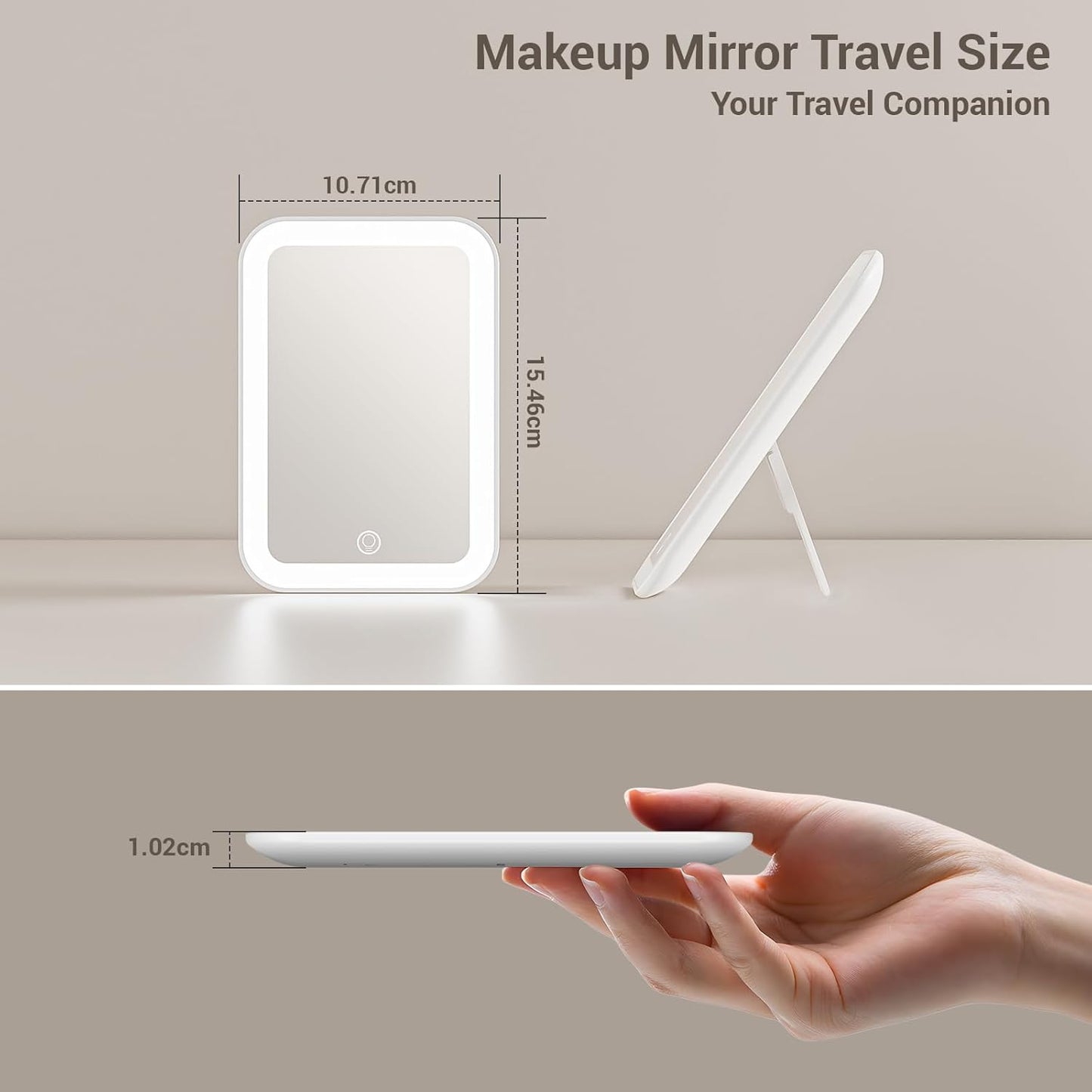 Kintion Travel Makeup Mirror, 6"*4.2" Rechargeable Portable LED Lighted Tabletop Vanity Mirror, 3 Colors Touch Dimmable Compact Mirror for Women Gift, White