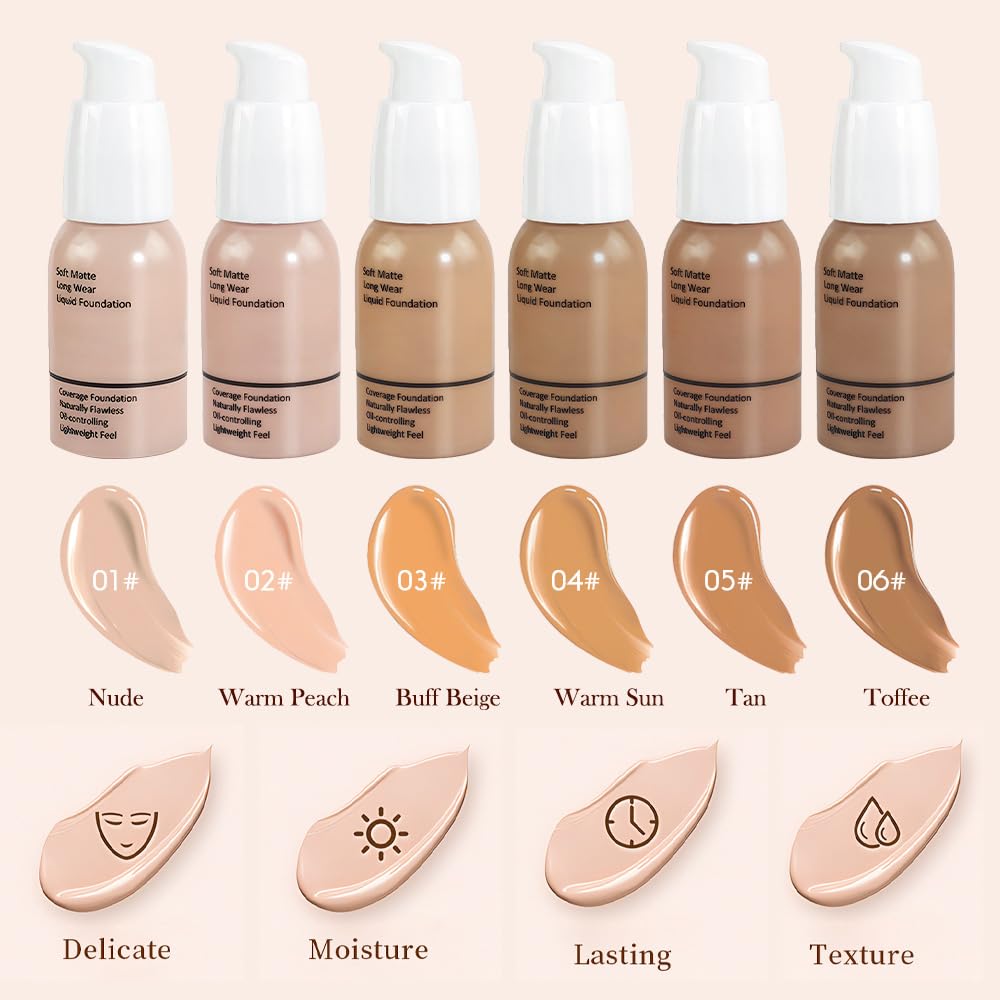 2Pcs Matte Liquid Full Coverage Foundation, Flawless Soft Matte 24HR Oil Control Full Coverage Foundation Makeup for Women, Long-Lasting Waterproof Full Coverage, 05#Tan (05+05, Pack of 2)