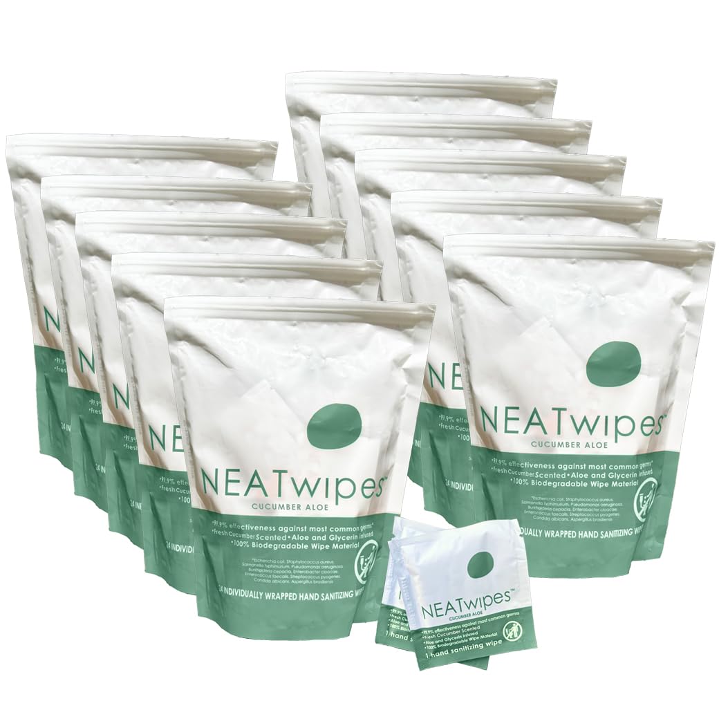NEATwipes Hand Sanitizing Wipes | Travel Essentials | Disposable Wet Wipe & Planet Friendly | Cucumber Aloe Essential Oil | 10 Pouches of 24 Individually Wrapped Wipes