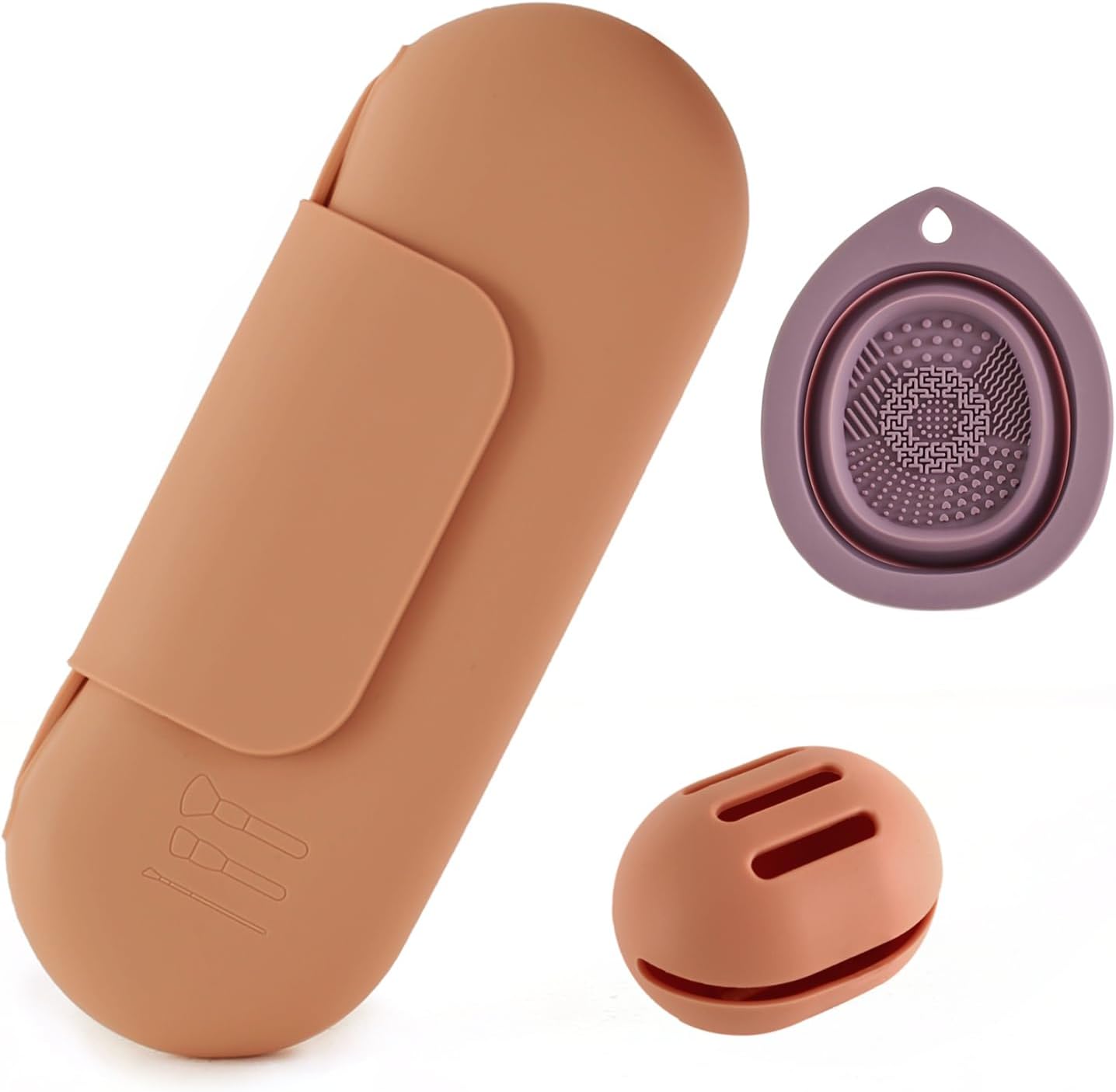 Silicone Makeup Brush Holder Set – Portable Travel Makeup Brush Holder with Makeup Sponge Holder and Foldable Cleaning Bowl – Upgraded 3-in-1 Cosmetic Organizer Set (coffee color)