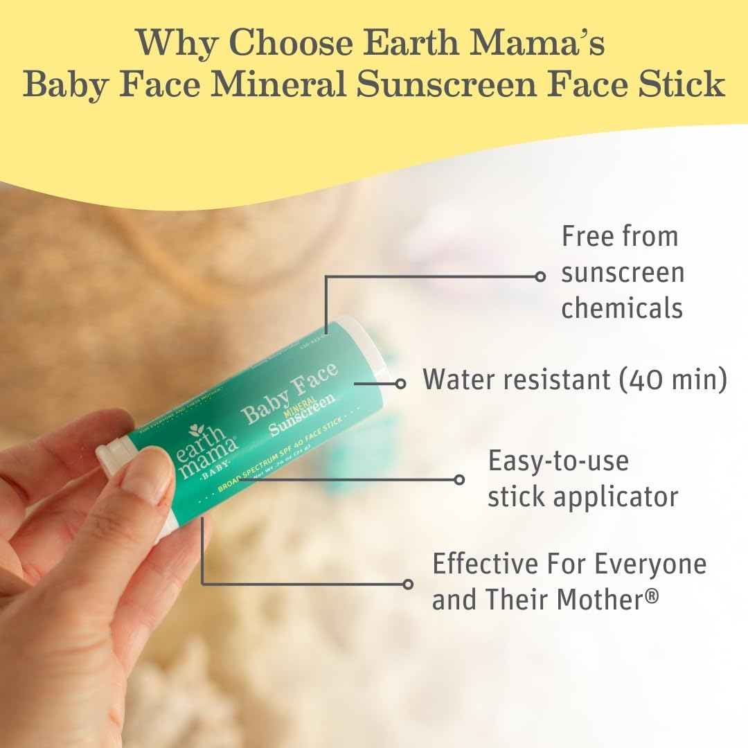 Earth Mama Baby Face Mineral Sunscreen Stick SPF 40 | Non-Nano Zinc, Contains Organic Cocoa Butter & Aloe | Babies, Kids & Family 0.74-Ounce