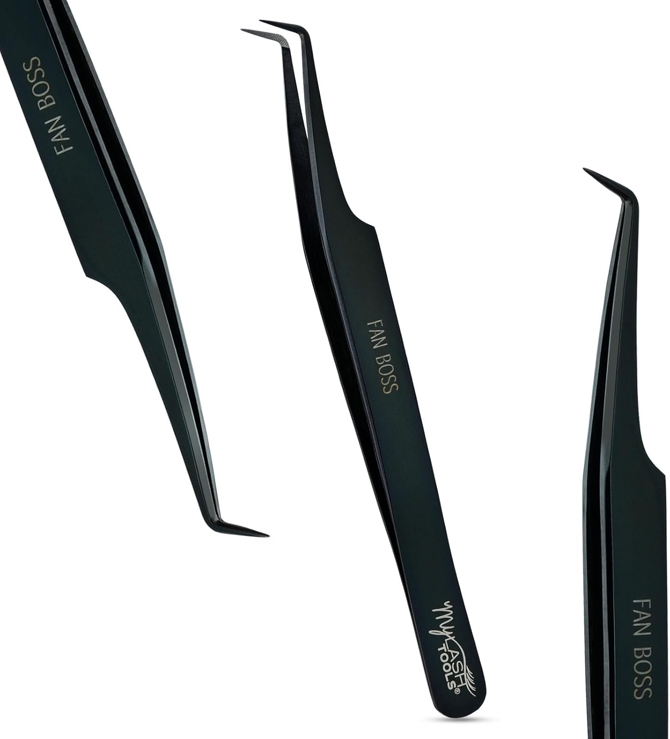 90 Degree Volume Fiber Tip Lash Tweezer – FAN BOSS, Non Slip Grip Professional Eyelash Extension Tweezers for Mega Volume Fans, Lash Artist Precision Tool (Black)