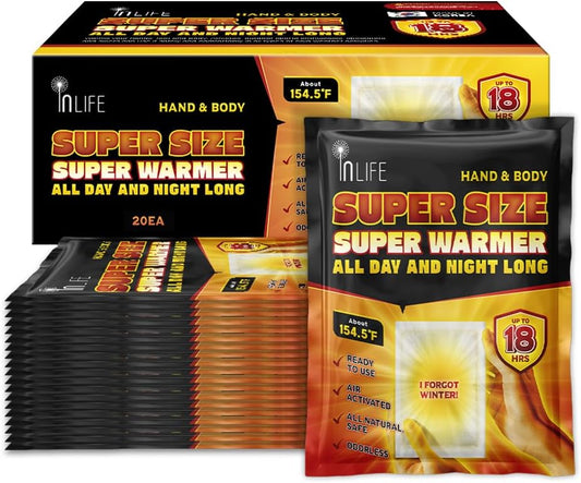 InLife Super Size Super Warmer for Hands and Body, All Natural & Safe, Bigger & Wider Area Covered, Higher Heating 145°F, Air Activated, Easy & Comfort, Steady Longer Lasting, Odorless, 20 Packs