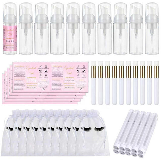 50 Pcs Lash Shampoo Bottle Brushes Set 10 Empty Foam Pump Dispensers 10 Label Stickers 10 Mascara Wands and Tubes 10 Cleansing Brush 10 Bag for Eyelash Extensions Aftercare(White)