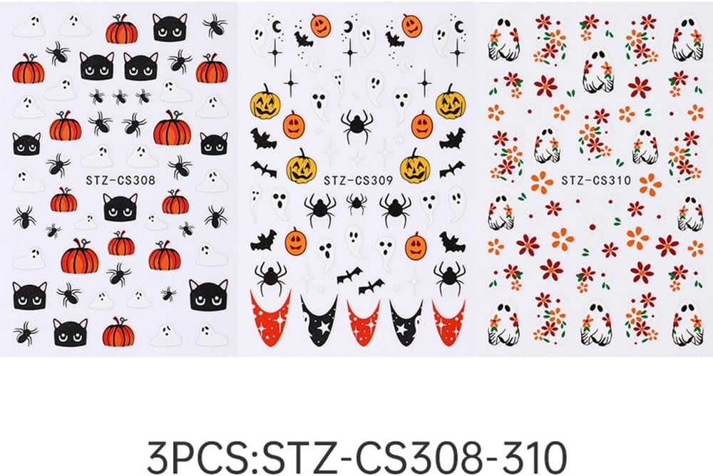 3 Pcs Halloween Nail Art Stickers Decals Cute Ghost Pumpkin 3D Self Adhesive Nail Decals Flower Ghost Nail Design Pumpkin Cats Spider Bats French Manicure Supplies for Women Nail Decor