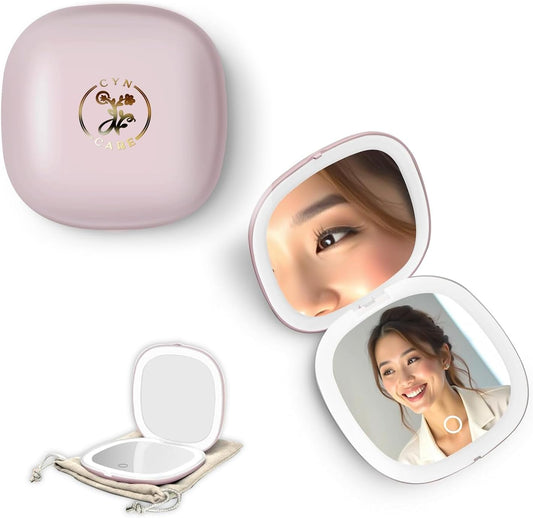 LED Compact Mirror – 1x & 10x Magnification | Travel Makeup Mirror with Adjustable Lighting | Handheld & Pocket-Sized Portable Mirror with Protective Pouch (Pink)