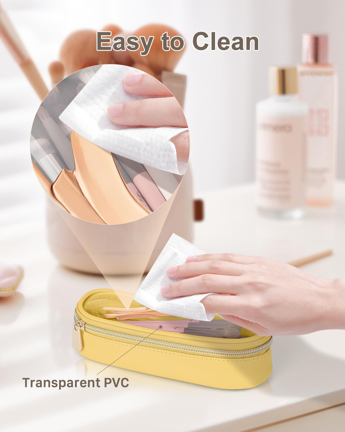 Clear Travel Makeup Brush Holder, Leather Makeup Brush Toiletry Bag, Portable Cosmetic Brush Case, Transparent Waterproof Makeup Brush Storage Bag, Yellow
