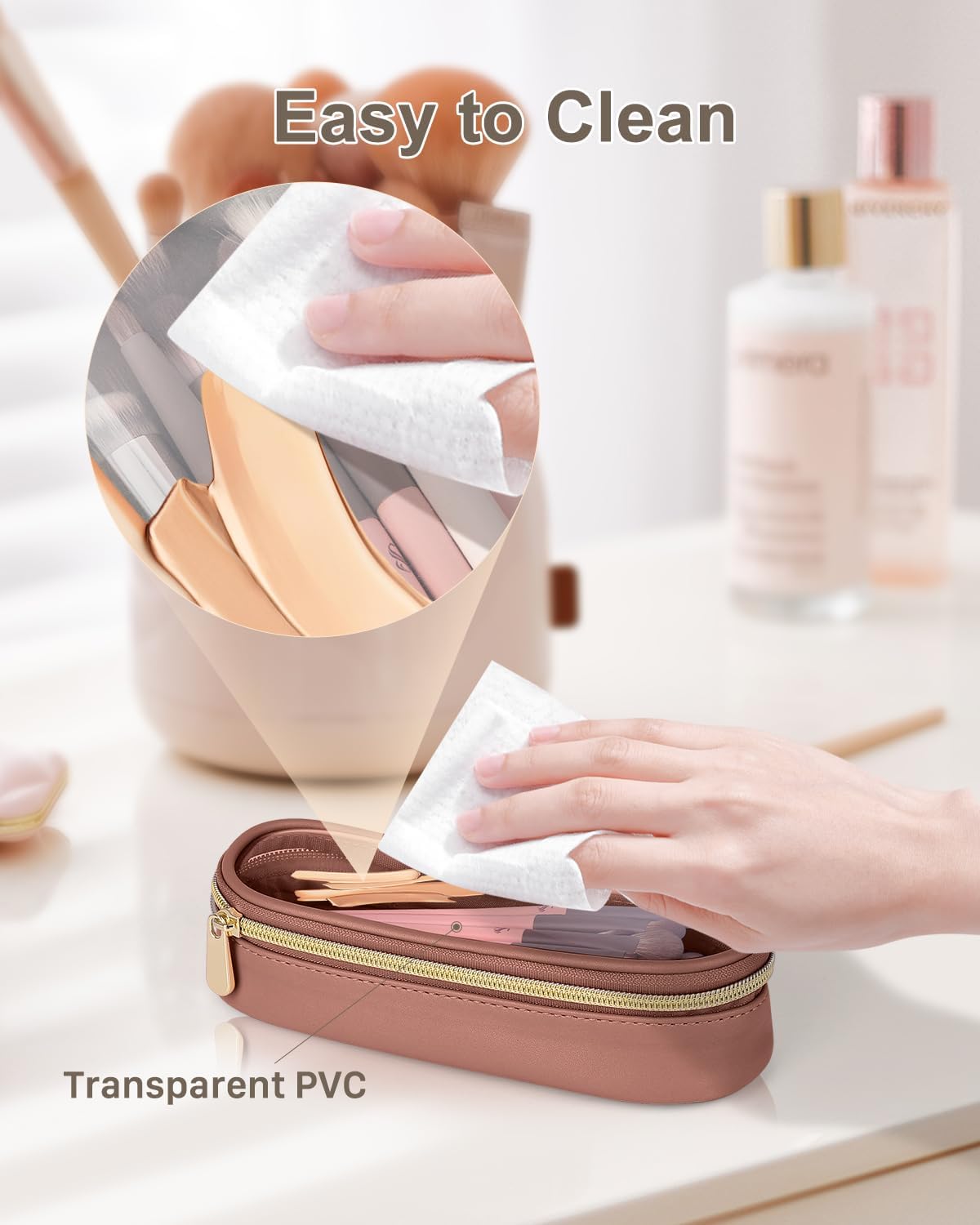 Clear Travel Makeup Brush Holder, Leather Makeup Brush Toiletry Bag, Portable Cosmetic Brush Case, Transparent Waterproof Makeup Brush Storage Bag, Brown