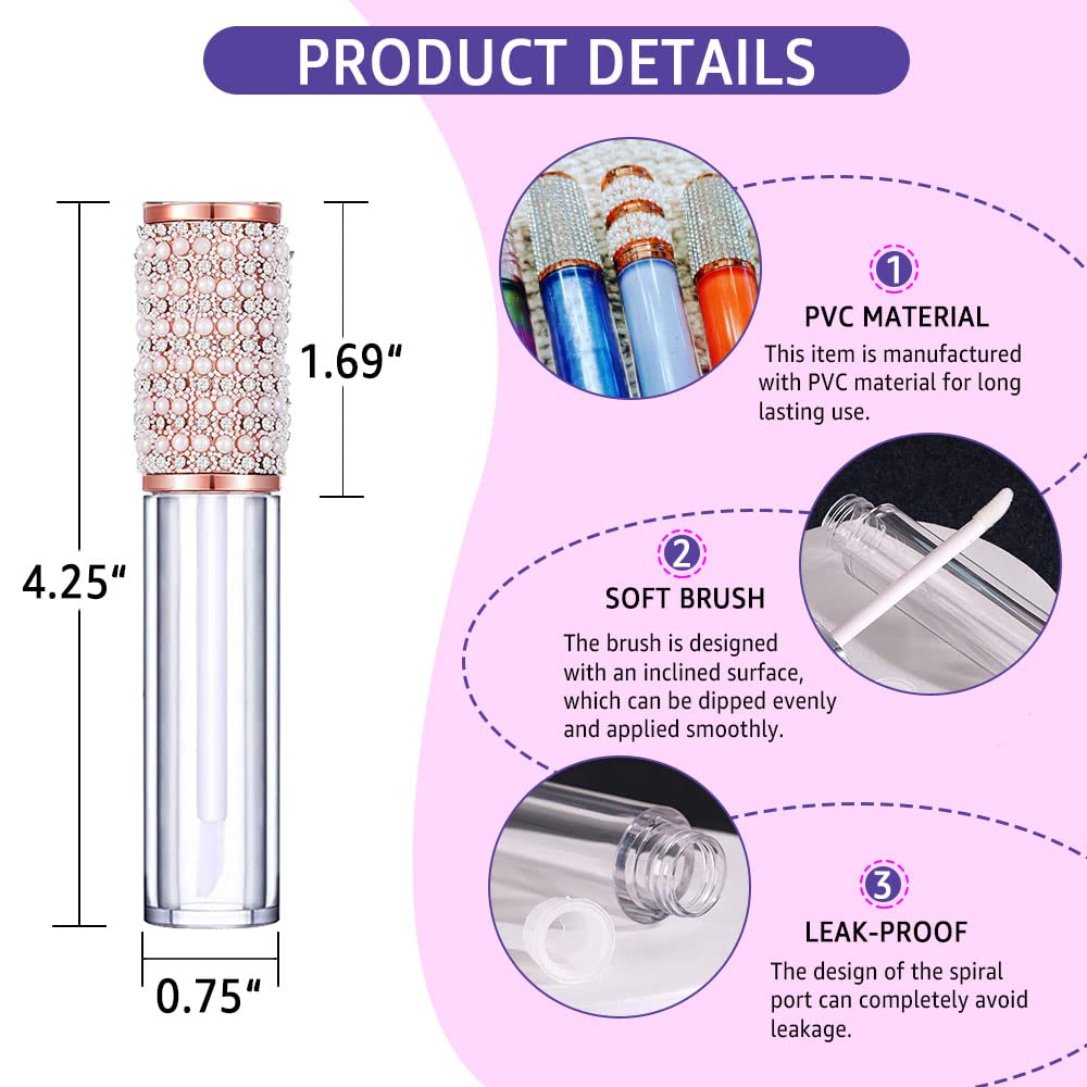 AMORIX 72pcs 5ml Diamond Lip Gloss Tubes With Wand - Empty Rhinestone Containers, Crystal Bottles, Supplies Kit - 4 Syringes + Labels for DIY Base