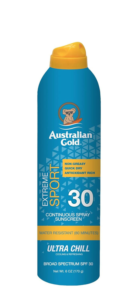 Australian Gold Extreme Continuous Spray Sunscreen SPF 30, Broad Spectrum, Sweat and Water Resistant, Non-Greasy, Oxybenzone Free, Cruelty Free, Sport-New, Coastal Breeze, 6 Ounce