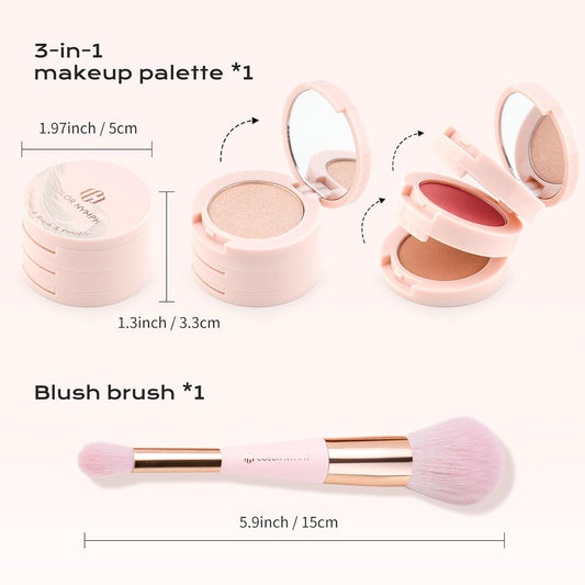 Color Nymph 3 Colors Contour Blush Highlighter Makeup Palette | 3-IN-1 Multi-Colored Shimmer & Matte Long-Lasting Travel-Friendly Make up Kit, Includes Brush & Mirror | Stacked Makeup Design (Purple)