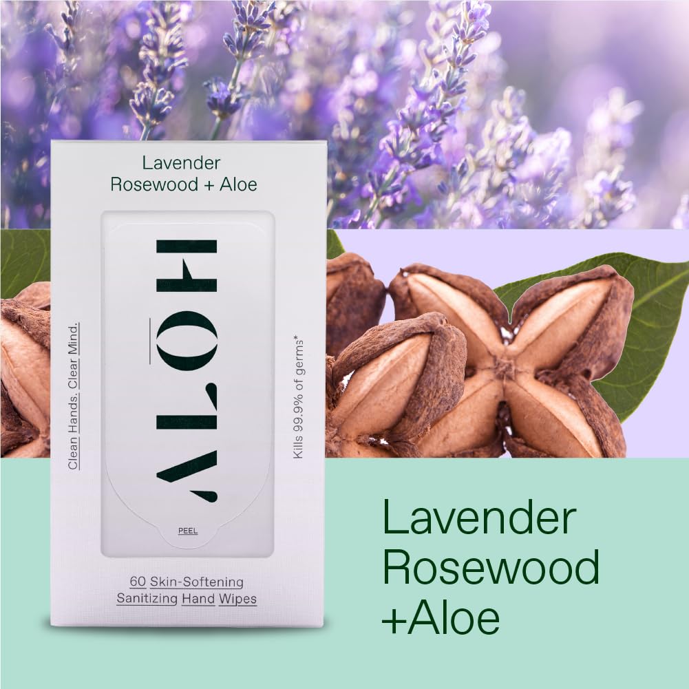 ALŌH Lavender Rosewood + Aloe Sanitizing Hand Wipes - Clean Hands, Clear Minds - On The Go Sanitizing Hand Wipes for Kids and Adults - Travel Size 3 Pack, 20ct Wipes (60 wipes)
