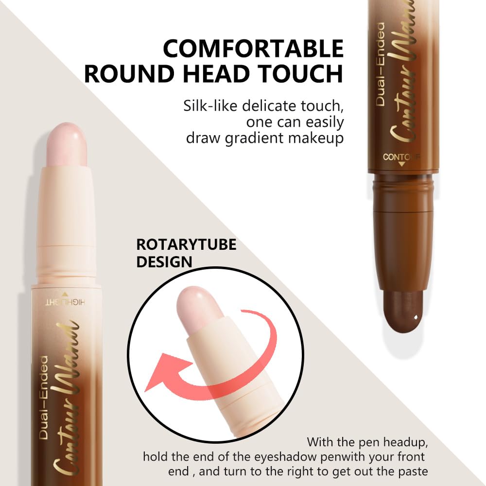 2Pcs 2in1 Cream Contour Highlighter Stick, Dual-Ended Highlighter Makeup Contour Stick, Contour Stick Dual Ended For Face Body Makeup,Long Lasting Waterproof for All Skin Tones (01+03)