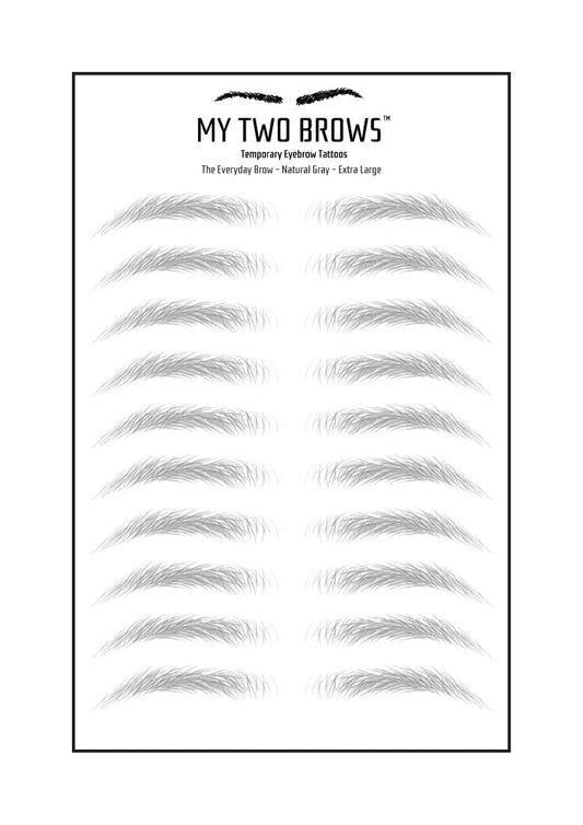 (10 pairs) Natural Gray Temporary Eyebrow Tattoo - Extra Large Size - Waterproof & Smudgeproof - Everyday Brow Style Eyebrow Stickers - Sheet Lasts up to 30 Days - Won't Work on Existing Brows
