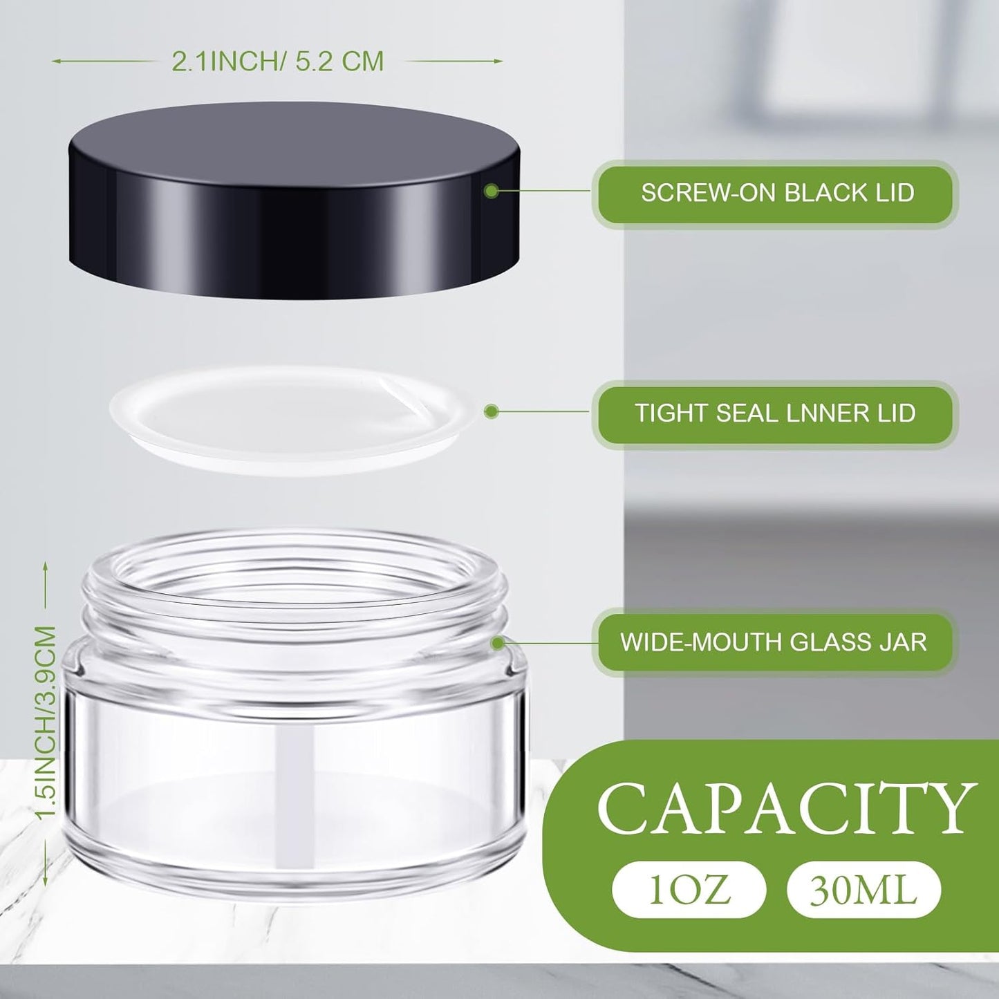 Domensi 100 Pcs 1 oz Glass Jars with Lids Bulk Round Glass Cosmetic Jars Lids 1 oz Small Travel Containers with Inner Liner for Lotions Powders Ointments Sample Cream(Clear, Black)