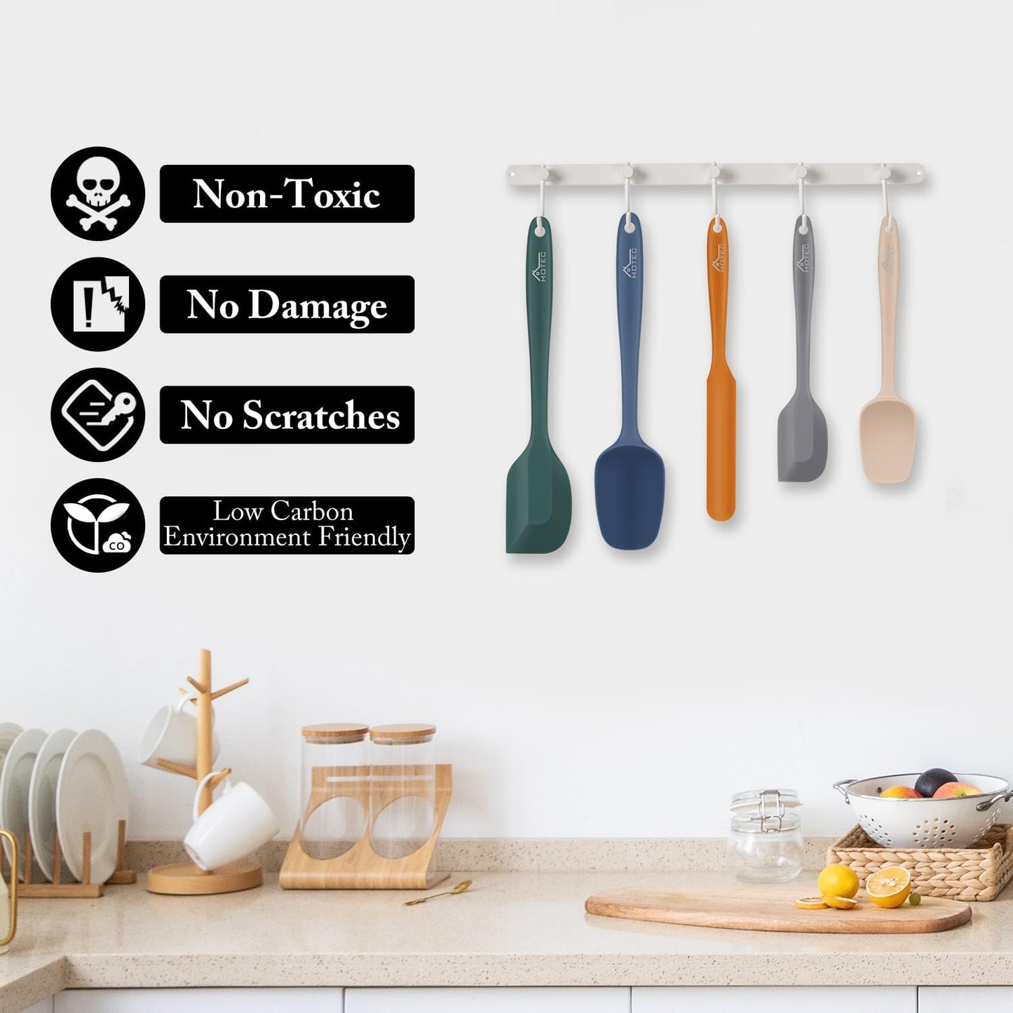 HOTEC Heat Resistant 600℉ BPA-Free Silicone Rubber Spatula Set for Baking, Cooking, and Mixing Non Stick Dishwasher Safe, Neutral Set of 5