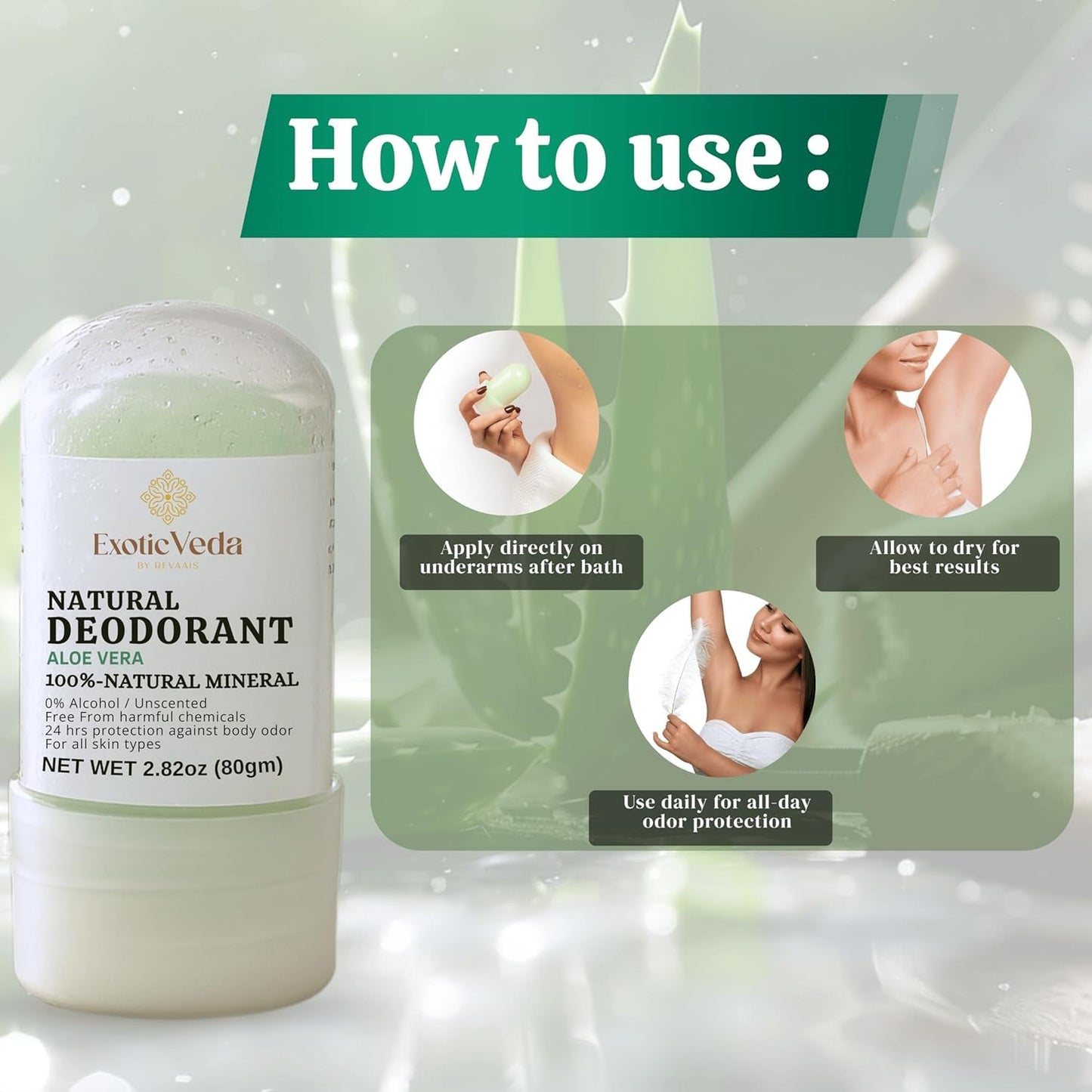 Alum Aloe Vera Deodorant Stick | 100% Natural Mineral Salt Roll-On | Alcohol & Chemical-Free | 24-Hour Odor Protection | Gentle on Sensitive Skin | Travel-Friendly, 80g (2.82 oz)