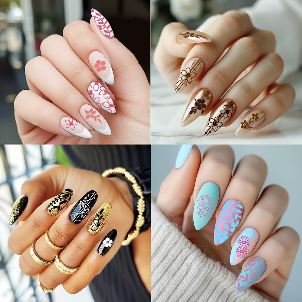 3Pcs Flower Vine Nail Stamping Plate Set Floral Leaves Rose Daisy Nail Stamp Templates Metal Reusable Tools with Stamper Scraper for Manicure Printing