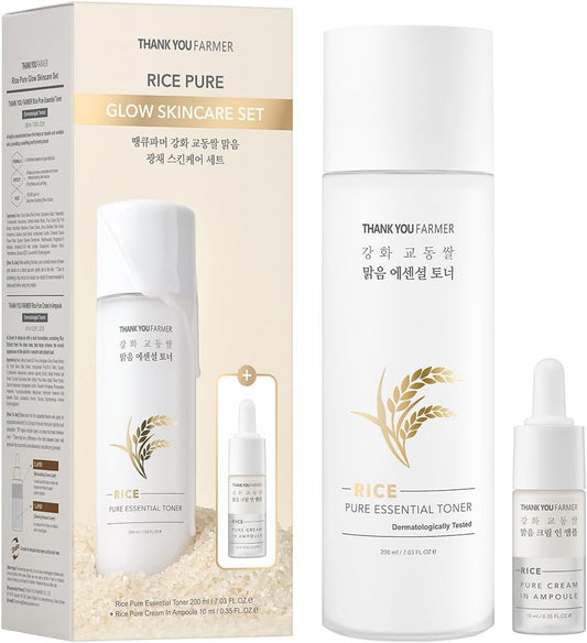 THANKYOU FARMER Rice Pure Skincare Set, Full Size Toner(7.03 fl oz) + Mini Size Ampoule(0.35 fl oz) Korean Skincare Set, Glass Skin