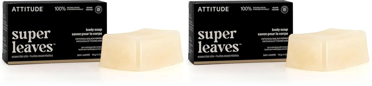 ATTITUDE Bath and Shower Body Soap Bar, EWG Verified, Plastic-free, Plant and Mineral-Based Ingredients, Vegan and Cruelty-free Personal Care Products, Patchouli and Black Pepper, 4 Ounces (Pack of 2)