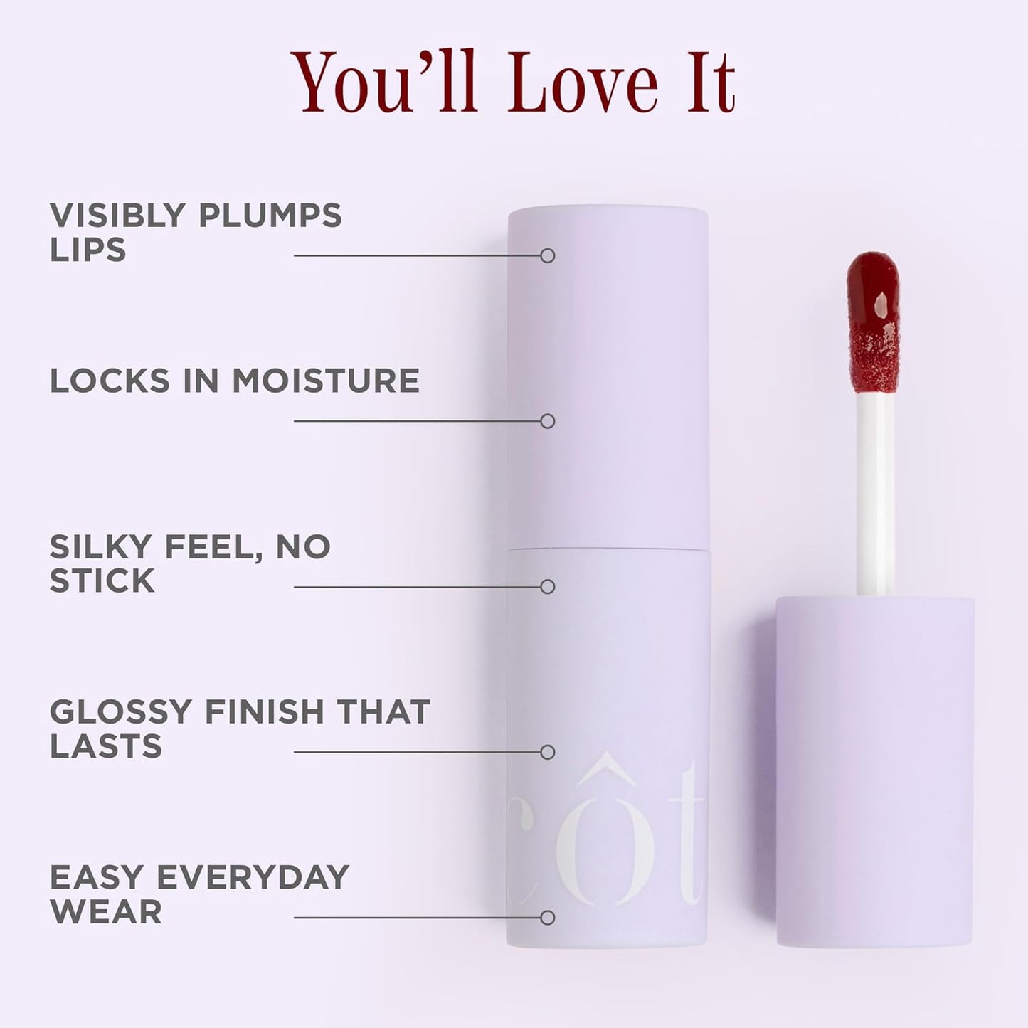 Côte Beauty's Tempted Peptide Lip Shine, Ultra Hydrating & Long-Lasting Warm Berry Plumping Lip Gloss for Women with Hyaluronic Acid, Shea Butter & Jojoba Oil, Vegan & Cruelty-Free, 0.12 Fl Oz