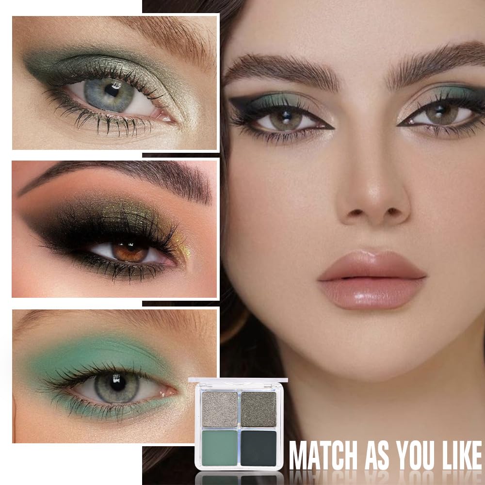 4 Colors Matcha Green Eye Shadow Powder Palette Makeup, Highly Pigmented Waterproof Matte Shimmer Quad Eyeshadow Palette for Women, paleta de sombras de ojos, Blendable, Vegan 12