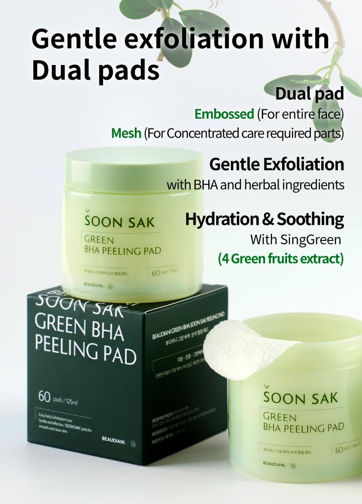 Green BHA soon sak peeling pad, 60pads, facial peel, Korean toner pads, exfoliator, pore tightening, soothing & hydrating, skincare pads, chemical peel, fruits extract