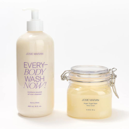 Josie Maran Sugar, Suds & Everything Nice Body Care Set - Includes EveryBODY Wash Now! and Argan Sugar Balm Body Scrub to Nourish & Exfoliate Skin - Berry Bliss (2 Count)