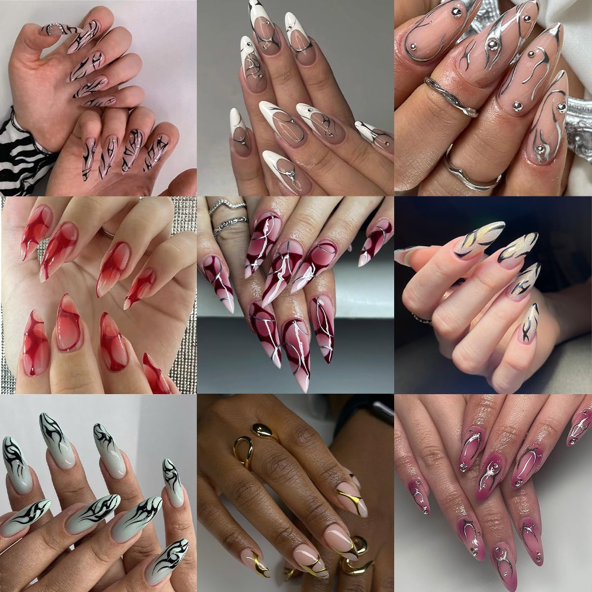 3D Nail Stickers Geometric Nail Art Stickers Fishbone Line Nail Decals Red Gold Black Silver White Irregular Line Mixed Star Design Gothic Nail Sticker for Nail Art Decor Manicure for Women 6Sheets