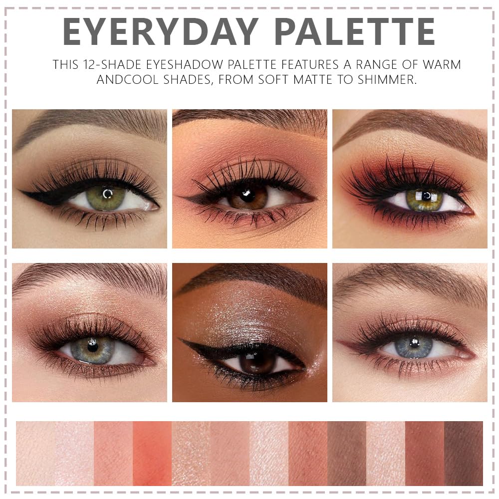 12Colors Eye Shadow Palette With Mirror and Brush,Nude Pink Brown Neutral Natural Eyeshadow Palette,Long Lasting Waterproof Travel Size Makeup Pallete