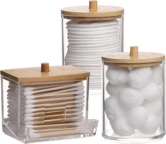 Tbestmax Qtips Holder Bathroom Container, 10/7 OZ Cotton Ball/Swabs Dispenser, Apothecary Jar Organizer for Storage Wood Lids