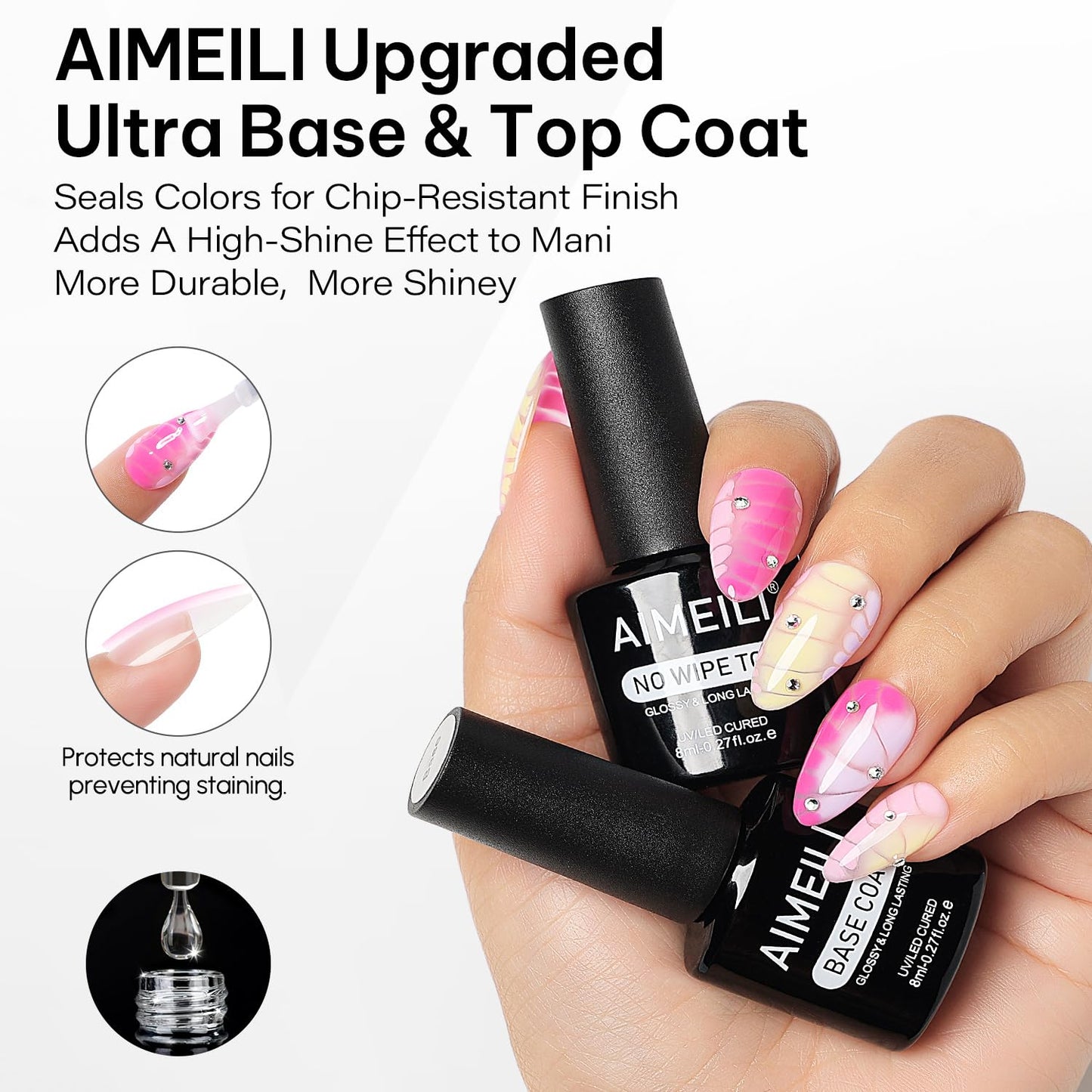 AIMEILI Nail Blooming Gel Base Coat Top Coat Kit 3pcs, Hema Free, Cruelty Free, Vegan, High Gloss Gel Nail Polish Long Lasting Spreading Marble