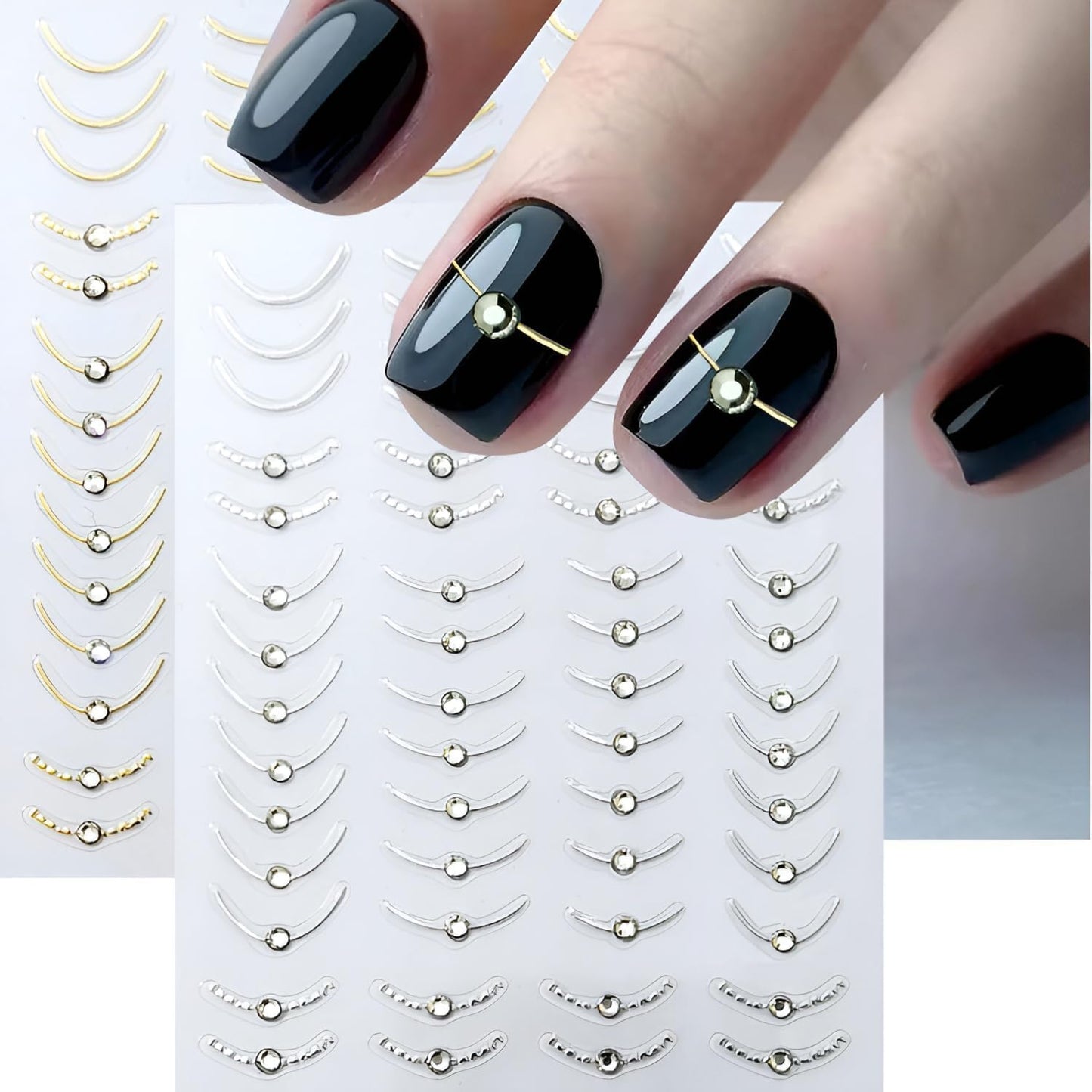 5D Embossed French Tip Nail Art Stickers Silver Gold Nail Stickers for Nail Art Self Adhesive Stripe Nail Decals with Rhinestone Design French Tip Nail Art Supplies for Women Girls