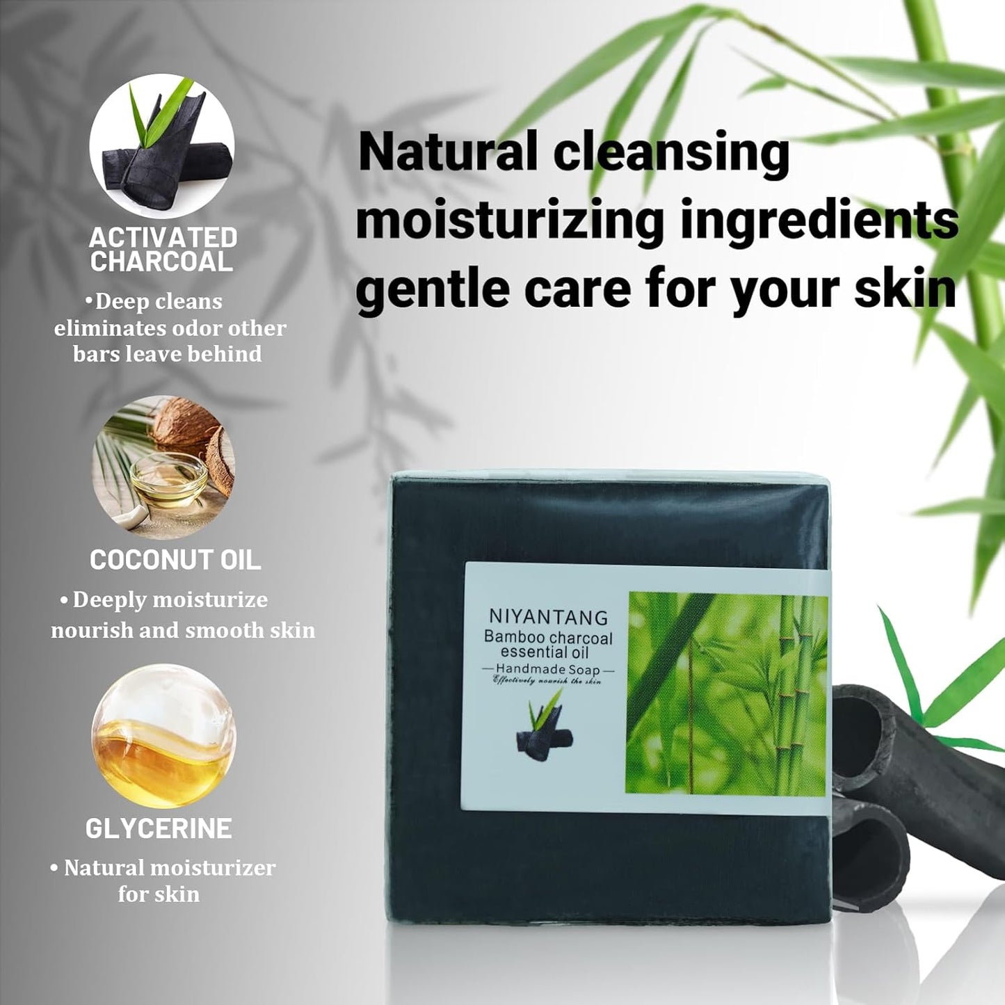 3 Pack Natural Activated Charcoal Soap Bar Black Soap for Face & Body Cleanse, Handmade Bamboo Charcoal Soap with Coconut Oil, Gentle Cleanser Soap for Men Women All Skin Types