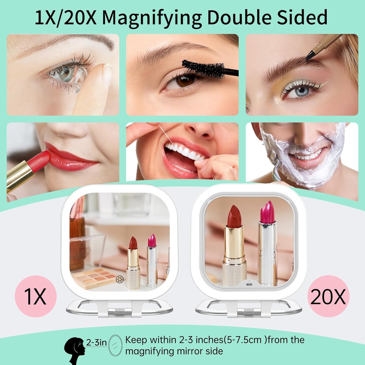 FASCINATE 20X Magnification Rechargeable Travel Makeup Mirror, 7" Lighted Portable Vanity Mirror with 3 Colors Lighting & Stepless Dimming, Double Sided LED Mirror, Gift for Women (White)