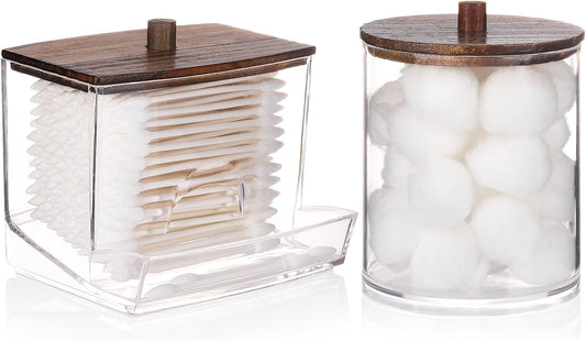Tbestmax Qtips Dispenser, 10/12 oz Big Cotton Ball Holder Bathroom Container, Plastic Apothecary Jar Organizer for Storage Swab, Round Pads, Floss Picks - Wood Lids