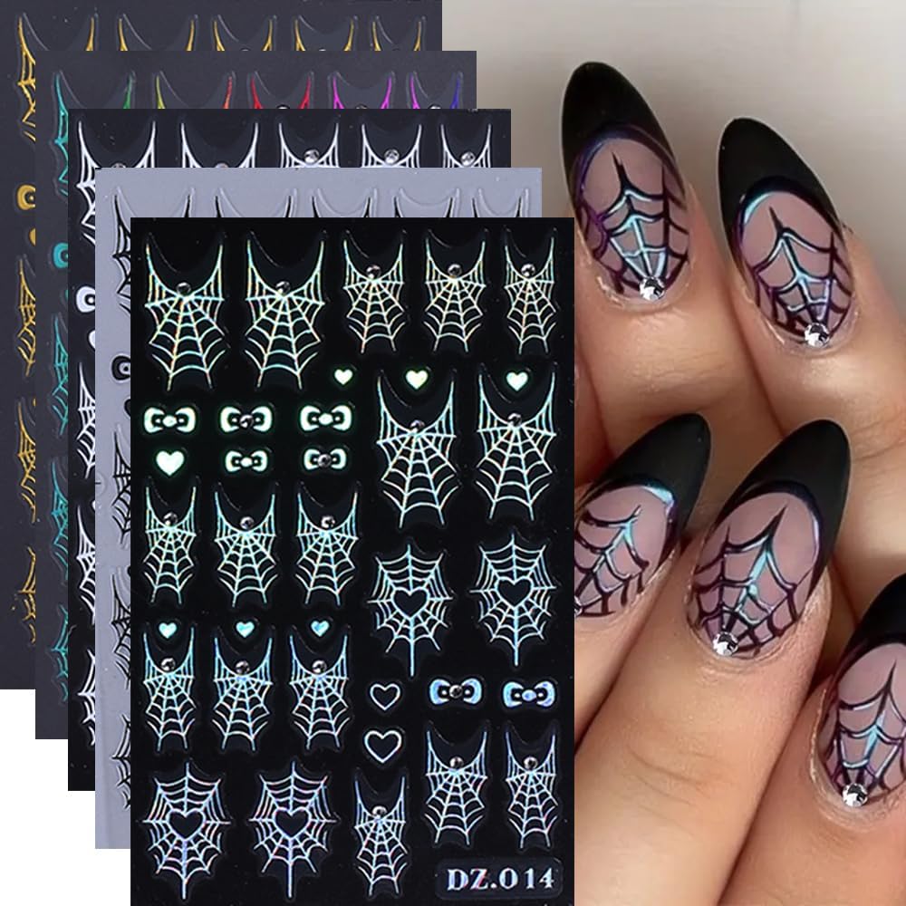 5D Halloween Heart Spider Web Nail Art Stickers - White, Black, Rainbow, Gold, Laser Silver Nail Decals with Rhinestone Accents, Self-Adhesive Nail Adhesive Sliders for Women Art Decorations 5 Sheets