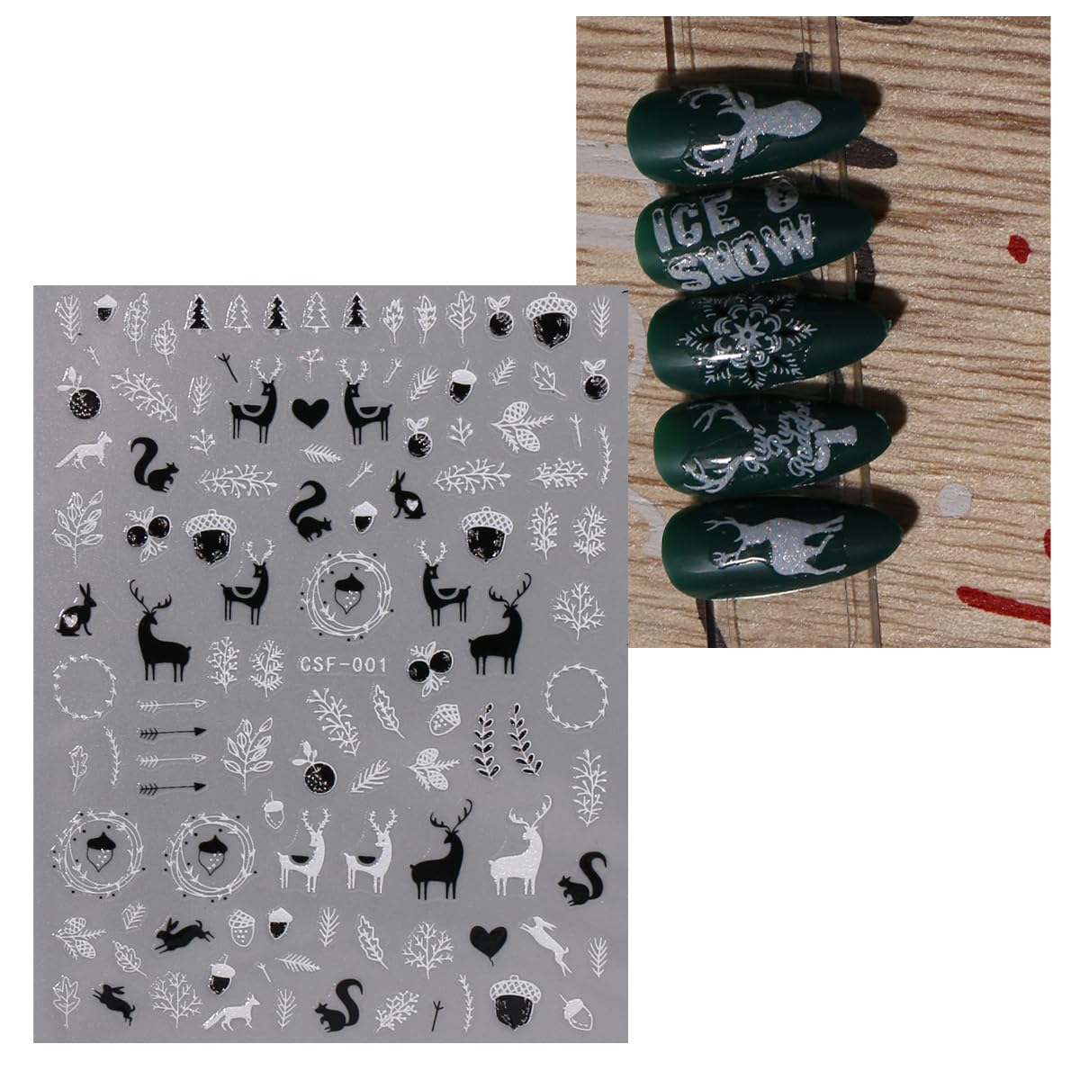 JMEOWIO 9 Sheets Christmas Glitter Nail Art Stickers Decals Self-Adhesive White Black Nail Supplies Nail Art Design Decoration Accessories