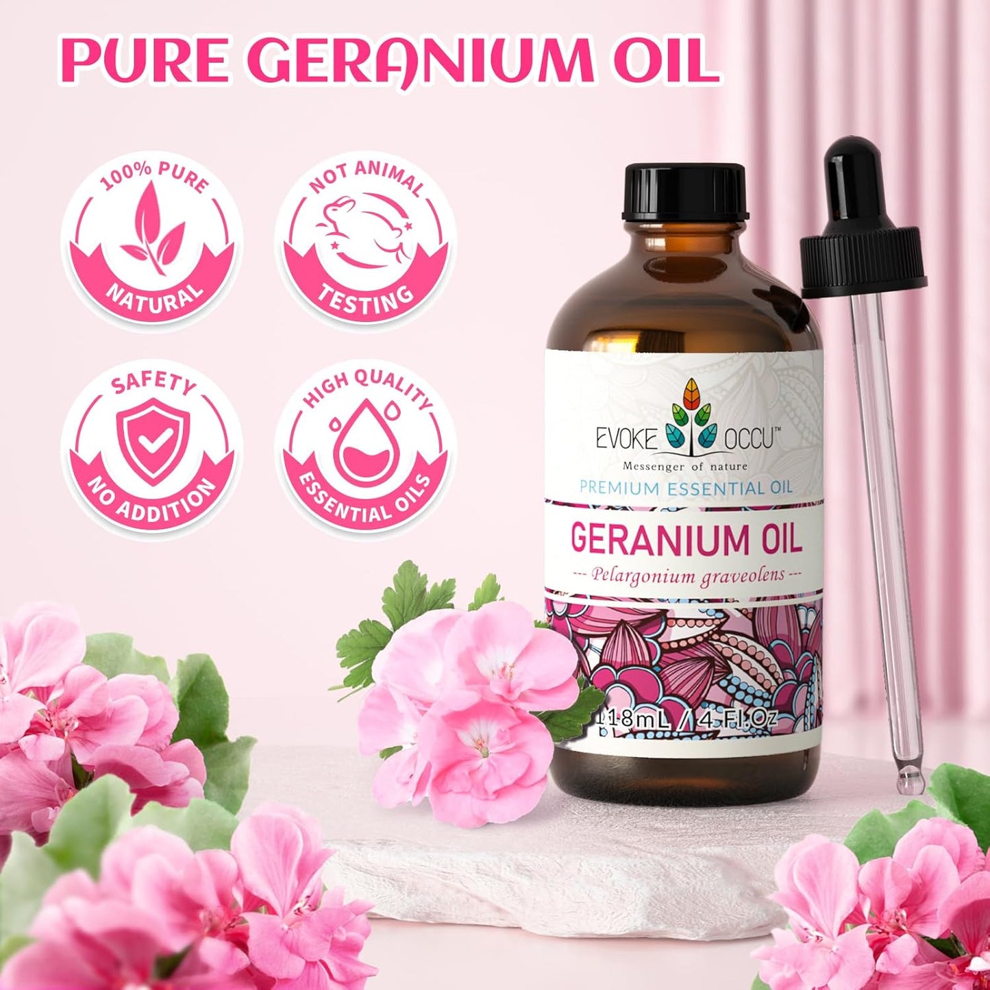 EVOKE OCCU Pure & Natural Geranium Essential Oil for Skin, Hair, Diffuser, Aromatherapy - 4 Fl Oz