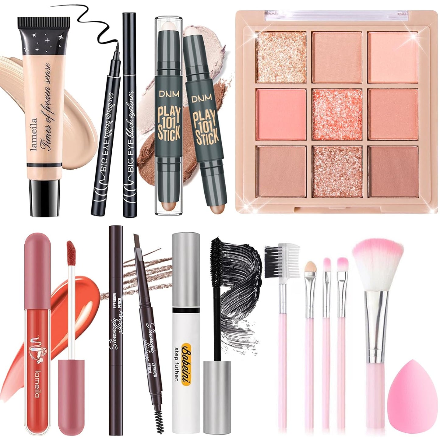 Makeup Set Kit for Women Girls Teens, Makeup Present Set, Includes 9 Color Eyeshadow, Counter Stick, Foundation, Eyebrow Pencil, Eyeliner, Mascara, Lip Gloss, 5Pcs Brushes, Sponge