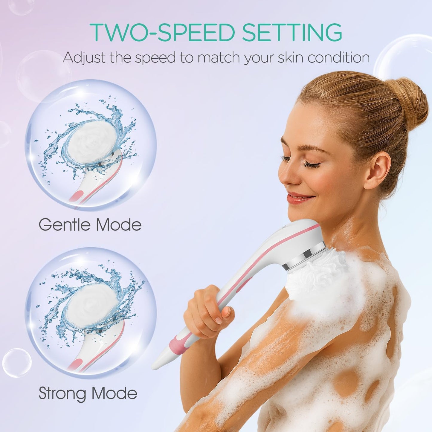 VOYOR Electric Body Brush Back Scrubber for Shower Rechargeable Exfoliating Bath Brush Powered Shower Brush with Non-Slip Long Handle Deep Cleansing, Exfoliation, Massaging Spin Brush BC100 (Pink)