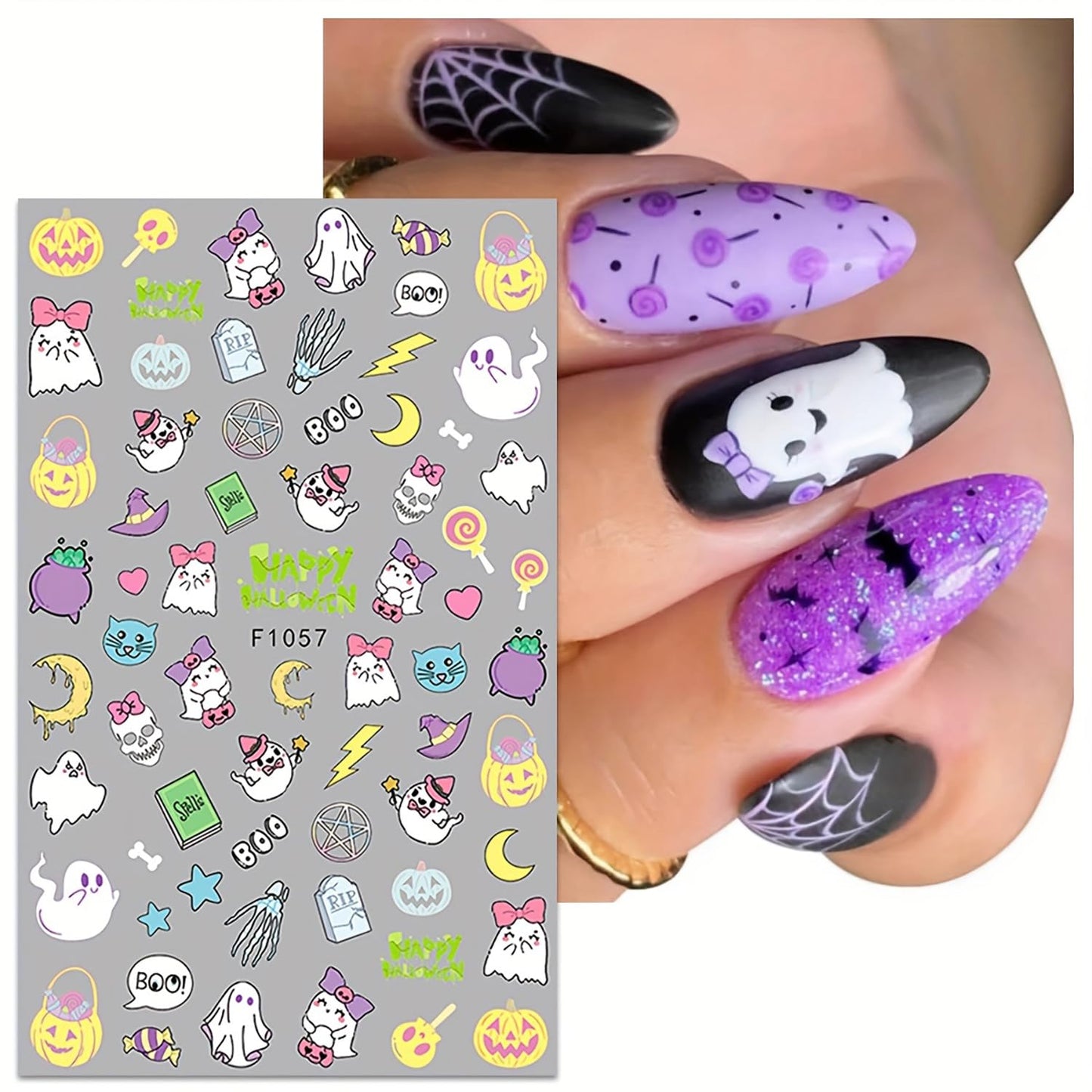 5 Sheets Halloween Nail Art Stickers 3D Self-Adhesive DIY Nail Decal with Cute Ghost Pumpkins Skull Spider Web Design Nail Art Stickers Decal for Women Girls Halloween Nails Decoration Accessories