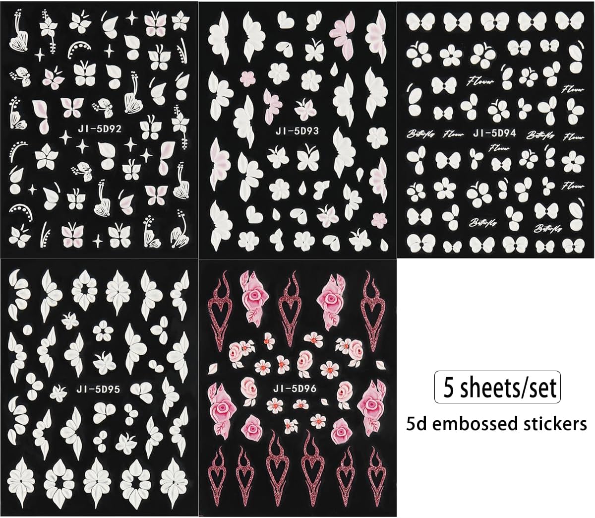 5D Embossed White Flowers Nail Stickers, 5 Sheets Self-Adhesive Floral Nail Decals, Spring Rose Butterfly Nail Art, 3D Acrylic Flowers for Manicure Decor