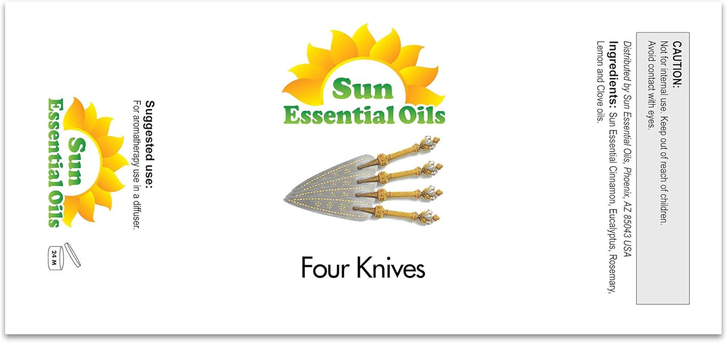 Sun Essential Oils – 4 oz Four Knives Essential Oil Blend with Eucalyptus, Clove, Rosemary, Lemon & Cassia – Spicy Scent for Diffuser, Skin, Candle Making, Cleaning, DIY & More – Dropper Included