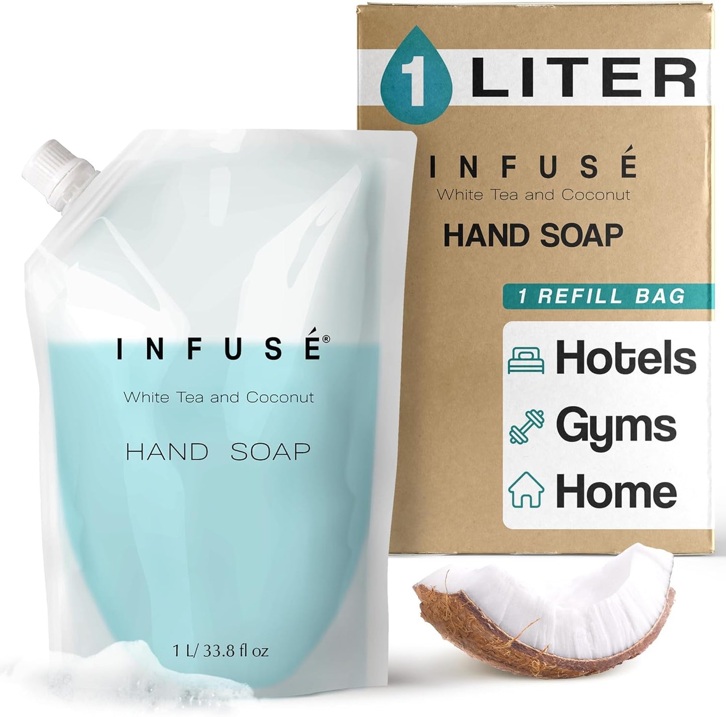 1 Liter Hand Wash Refill Bag For Soap Dispensers | Bulk Toiletries for Vacation Rentals, and Home Bathroom Showers | White Tea and Coconut | Single